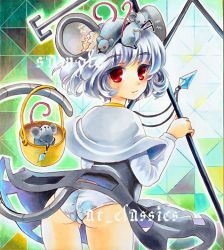 Rule 34 | 1girl, animal ears, ass, at classics, capelet, dowsing rod, female focus, jewelry, looking back, marker (medium), mouse (animal), mouse ears, mouse tail, nazrin, panties, pendant, red eyes, sample watermark, short hair, silver hair, solo, tail, touhou, traditional media, underwear, watermark, white panties