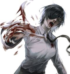 Rule 34 | 1girl, amputee, black hair, blood, blood from mouth, blood on clothes, blood splatter, blue eyes, chainsaw man, collared shirt, eulbhitomi, floating neckwear, highres, himeno (chainsaw man), looking to the side, motion blur, nosebleed, open mouth, shirt, shirt tucked in, short hair, simple background, solo, spoilers, white background, white shirt