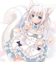 Rule 34 | 1girl, animal ear fluff, animal ears, apron, black choker, blue bow, blue dress, blue eyes, bow, braid, breasts, choker, cleavage, closed mouth, commentary, commission, copyright request, dress, frilled apron, frills, hair intakes, hand up, heart, highres, index finger raised, long hair, medium breasts, pixiv commission, puffy short sleeves, puffy sleeves, purinpurin, short sleeves, smile, solo, squirrel ears, squirrel girl, squirrel tail, star (symbol), starry background, symbol-only commentary, tail, very long hair, virtual youtuber, waist apron, white apron, white hair, wrist cuffs
