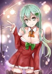 Rule 34 | 10s, 1girl, aqua eyes, aqua hair, arm warmers, ascot, bare shoulders, bow, breasts, christmas, christmas tree hair ornament, city lights, cleavage, contrapposto, cowboy shot, dress, fur trim, green bow, hair ornament, hairclip, hand on own thigh, kantai collection, large breasts, long hair, looking at viewer, red dress, santa costume, short dress, sleeves past wrists, smile, solo, standing, strapless, strapless dress, sumapan, suzuya (kancolle), thighhighs, v