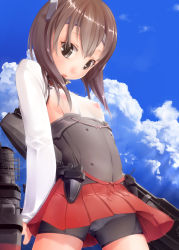 Rule 34 | 10s, 1girl, bike shorts, blush, breasts, brown eyes, brown hair, cloud, day, flat chest, headband, headgear, highres, kantai collection, kobiyuun, looking at viewer, nipples, open mouth, panties, pantyshot, personification, pleated skirt, short hair, skirt, sky, solo, taihou (kancolle), thighhighs, underwear, upskirt