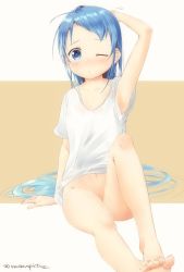 Rule 34 | 1girl, arm behind back, armpits, artist name, blue eyes, blue hair, blush, bottomless, collarbone, commentary request, foreshortening, kantai collection, knee up, long hair, looking at viewer, mae (maesanpicture), naked shirt, no panties, one eye closed, samidare (kancolle), shirt, short sleeves, sitting, solo, swept bangs, t-shirt, two-tone background, very long hair, white shirt