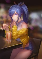 Rule 34 | 1girl, bad id, bad pixiv id, bare legs, bare shoulders, blouse, blue hair, blue shorts, blurry, blurry background, chair, character request, commentary request, covered collarbone, cup, drinking glass, eyes visible through hair, hair ribbon, hand on own chin, highres, indoors, jacket, leaning forward, leaning on person, legs together, leotard, looking at viewer, off shoulder, open clothes, open jacket, ponytail, purple eyes, qiongsheng, reflection, ribbon, shirt, short shorts, shorts, sitting, sleeveless, sleeveless shirt, solo, unzipped, warship girls r, white leotard, white shirt, yellow jacket, zipper