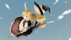 Rule 34 | 1girl, :d, apron, arm up, black dress, black hat, blonde hair, blue sky, bow, braid, broom, broom riding, buttons, cloud, dress, flying, frills, from behind, green bow, hair bow, hand up, hat, hat bow, highres, holding, kirisame marisa, long hair, looking down, no headwear, open mouth, petals, puffy short sleeves, puffy sleeves, shirt, short sleeves, single braid, sky, smile, solo, somei ooo, touhou, white apron, white bow, white shirt, white sleeves, witch hat, yellow eyes