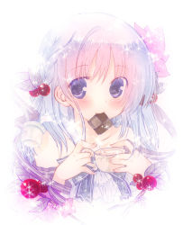 Rule 34 | 1girl, bare shoulders, blue hair, blush, checkerboard cookie, cookie, cup, food, food in mouth, hair ornament, highres, holding, holding cup, looking at viewer, moo (umineko), original, portrait, purple eyes, short hair, smile, solo, upper body