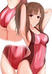 Rule 34 | 1girl, absurdres, armpits, arms behind head, arms up, ass, bare shoulders, blunt bangs, blush, breasts, brown eyes, brown hair, cleavage, collarbone, commentary, covered navel, cowboy shot, dot nose, highres, idolmaster, idolmaster cinderella girls, idolmaster cinderella girls starlight stage, long hair, looking at viewer, medium breasts, mizumoto yukari, multiple views, one-piece swimsuit, parted lips, raindrop746079, sideboob, simple background, standing, striped clothes, striped one-piece swimsuit, swimsuit, two-tone one-piece swimsuit, two-tone swimsuit, wet, white background