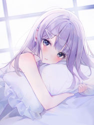 Rule 34 | 1girl, absurdres, bed sheet, bow, camisole, character request, chemise, commentary, copyright request, dress, eumi 114, eyelashes, hair bow, hair ornament, hairpin, highres, indoors, long hair, hugging object, on bed, pillow, pillow hug, purple eyes, purple hair, sleeveless, sleeveless dress, solo, spaghetti strap, white bow, white chemise, white dress, window
