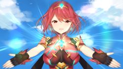 Rule 34 | 1girl, blush, breasts, earrings, fingerless gloves, gloves, hair ornament, jewelry, large breasts, looking at viewer, nintendo, pyra (xenoblade), red eyes, red hair, short hair, simple background, smile, solo, tiara, xenoblade chronicles (series), xenoblade chronicles 2, xenoblade chronicles (series), xenoblade chronicles 2, yappen