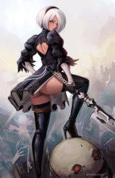 Rule 34 | ass, back cutout, black dress, black hairband, blue eyes, boots, clothing cutout, dress, feather-trimmed sleeves, hairband, high heel boots, high heels, juliet sleeves, justin paul, leotard, long sleeves, nier (series), nier:automata, no blindfold, puffy sleeves, silver hair, solo, thigh boots, thighhighs, thighhighs under boots, white leotard, 2b (nier:automata)