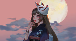 Rule 34 | 1girl, bracelet, brown eyes, brown hair, cloud, commentary, english commentary, fingernails, floral print, fox mask, full moon, hand up, highres, japanese clothes, jewelry, kimono, long fingernails, long hair, long sleeves, looking afar, mask, mask on head, moon, obi, original, outdoors, parted lips, pink sky, print kimono, purple kimono, red lips, sash, sky, solo, tassel, teeth, upper body, wide sleeves, wonbin lee
