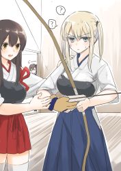 Rule 34 | 10s, 3girls, ?, akagi (kancolle), alternate costume, archery, archery dojo, black hair, blonde hair, blue eyes, bow, breasts, brown eyes, commentary request, fukuroumori, gloves, graf zeppelin (kancolle), hair ribbon, hakama, hakama short skirt, hakama skirt, hand on another&#039;s arm, hand on another&#039;s shoulder, hat, unworn hat, unworn headwear, holding, holding weapon, japanese clothes, kaga (kancolle), kantai collection, kyuudou, large breasts, long hair, multiple girls, muneate, partially fingerless gloves, partly fingerless gloves, red hakama, ribbon, side ponytail, single glove, skirt, sleeves rolled up, spoken question mark, staring, sweat, tasuki, teaching, thighhighs, twintails, weapon, white legwear, yugake