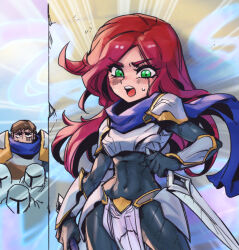 Rule 34 | 1boy, 1girl, 3others, :o, ambiguous gender, black bodysuit, blue background, blue scarf, blush, bodysuit, boobplate, breastplate, breasts, brown hair, covered navel, cowboy shot, garen (league of legends), green eyes, holding, holding sword, holding weapon, katarina (league of legends), league of legends, long hair, looking at viewer, multicolored background, multiple others, orange background, phantom ix row, red hair, scarf, shiny clothes, short hair, shoulder plates, small breasts, solo focus, sweatdrop, sword, teeth, upper teeth only, weapon