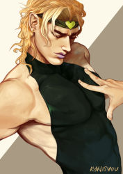 Rule 34 | 1boy, artist name, blonde hair, closed eyes, dio brando, earrings, halterneck, hand on another&#039;s chest, headband, jewelry, jojo no kimyou na bouken, lipstick, makeup, male focus, purple lips, rynisyou, scar, signature, simple background, solo focus, two-tone background