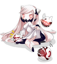 Rule 34 | 10s, 1girl, abyssal ship, blush, chibi, clothes lift, covered mouth, dress, dress lift, erusen (des-arms), horns, kantai collection, long hair, looking at viewer, midway princess, open mouth, pale skin, red eyes, silver hair, veins, white dress