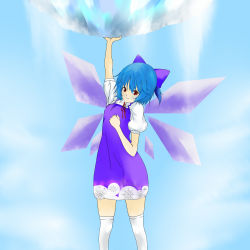 Rule 34 | 1girl, adapted costume, bad id, bad pixiv id, blue background, blue hair, bow, cirno, female focus, giorx78, ice, ribbon, short hair, solo, thighhighs, touhou, white thighhighs