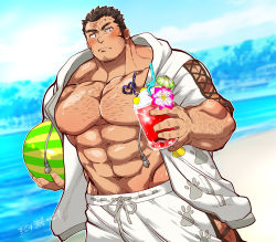 Rule 34 | 1boy, abs, ball, bara, beachball, blue sky, blurry, blurry background, blush, brown hair, chest hair, crazy straw, cross-laced clothes, cross-laced legwear, cross-laced sleeves, cross scar, drink, drinking straw, facial hair, heart straw, highres, holding, holding ball, holding beachball, holding drink, houzouin oniwaka, jacket, kizami nori to yamaimo, large pectorals, long sideburns, male focus, mature male, muscular, muscular male, navel, nipples, no shirt, official alternate costume, open clothes, open jacket, paw print, pectorals, pout, scar, scar on face, scar on forehead, short hair, sideburns, sky, solo, stomach, stubble, sweatdrop, thick eyebrows, tokyo houkago summoners, upper body