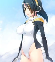 Rule 34 | 10s, 1girl, bad id, bad pixiv id, black hair, black jacket, brown eyes, covered navel, cowboy shot, d:, emperor penguin (kemono friends), from side, hair over one eye, headphones, highleg, highleg leotard, impossible clothes, impossible leotard, jacket, kemono friends, leotard, long hair, multicolored hair, open clothes, open jacket, open mouth, partially visible vulva, solo, standing, thighhighs, totokichi, white leotard, white thighhighs