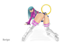 Rule 34 | 1girl, all fours, aqua eyes, aqua hair, ark (morita hitomi), ass, bare shoulders, bat wings, bent over, blunt bangs, boots, breasts, capcom, chakram, character name, company connection, cosplay, covered erect nipples, demon, demon girl, detached sleeves, dress, female focus, from behind, full body, green hair, head wings, high heel boots, high heels, hip focus, holding, holding weapon, huge breasts, jewelry, june lin milliam, june lin milliam (cosplay), kneeling, kneepits, knees, large breasts, legs apart, light smile, long hair, looking at viewer, looking back, miniskirt, morrigan aensland, panties, pantyshot, parted bangs, partially visible vulva, ring, shadow, shoes, short dress, simple background, skirt, smile, solo, star gladiator, thigh boots, thighhighs, thighlet, thighs, thong, underwear, upskirt, vampire (game), wallpaper, weapon, white background, white footwear, white panties, white thighhighs, wide hips, wide sleeves, wings