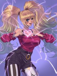 Rule 34 | 1girl, alternate costume, bare shoulders, blonde hair, blue eyes, bow, breasts, cleavage, collarbone, detached sleeves, gradient hair, hair between eyes, hands up, heart, heart hands, heart tattoo, highres, jewelry, large breasts, long hair, looking at viewer, multicolored hair, off shoulder, open mouth, simple background, smile, snk, solo, superbull, sylvie paula paula, tattoo, the king of fighters, thighs, twintails, very long hair