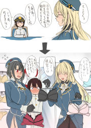 Rule 34 | 10s, 1boy, 2girls, admiral (kancolle), atago (kancolle), blonde hair, blush, bra, breasts, comic, gloves, hat, highres, kantai collection, kloah, large breasts, lingerie, little boy admiral (kancolle), long hair, military, military uniform, multiple girls, pantyhose, personification, takao (kancolle), text focus, translated, underwear, uniform