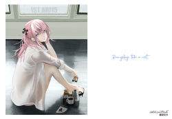 Rule 34 | 1girl, bagel, barefoot, blue eyes, bra, character name, coffee, commentary request, cup, english text, food, from side, girls&#039; frontline, hair ornament, hand on own cheek, hand on own face, holding, holding food, long hair, looking at viewer, mug, multicolored hair, on floor, one side up, pink hair, see-through, shirt, sidelocks, sitting, solo, st ar-15 (girls&#039; frontline), streaked hair, takatou suzunosuke, translation request, underwear, white bra, white shirt, window