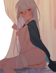 Rule 34 | 1girl, ass, bandaged leg, bandages, bed, beijuu, breasts, cape, closed mouth, curtains, girls&#039; frontline, grey hair, hair between eyes, lips, long hair, long sleeves, looking at viewer, nipples, nude, on bed, pussy, red eyes, sitting, small breasts, smile, solo, tokarev (girls&#039; frontline), twitter username