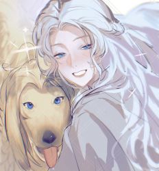 Rule 34 | 1girl, argos (ff14), blue eyes, blush, chinese commentary, commentary request, dog, feishui chizi, final fantasy, final fantasy xiv, grin, half-closed eyes, highres, long hair, looking at viewer, portrait, smile, sparkle, star (symbol), tongue, tongue out, venat (ff14), white background, white hair