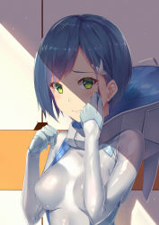 Rule 34 | absurdres, adjusting hair, blue hair, blush, bob cut, bodysuit, chinese commentary, closed mouth, commentary request, darling in the franxx, green eyes, hair ornament, hairclip, highres, ichigo (darling in the franxx), looking at viewer, nervous, pilot suit, playing with own hair, portrait, sgt-jz, shadow, short hair, shy, solo, white bodysuit