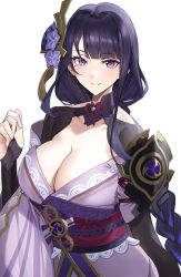 Rule 34 | 1girl, armor, blush, braid, breasts, bridal gauntlets, center opening, cleavage, closed mouth, commentary, flower, genshin impact, hair flower, hair ornament, highres, japanese clothes, kimono, large breasts, long hair, looking at viewer, low-braided long hair, low-tied long hair, mitsudomoe (shape), mole, mole under eye, obi, obiage, obijime, off shoulder, purple eyes, purple hair, purple kimono, raiden shogun, raitho, sash, shoulder armor, simple background, smile, solo, tomoe (symbol), upper body, white background