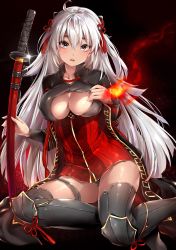Rule 34 | 1girl, ahoge, arm guards, black bow, black coat, bow, breasts, chiyingzai, cleavage, cleavage cutout, clothing cutout, coat, dark-skinned female, dark skin, fate/grand order, fate (series), grey eyes, hair bow, highres, holding, holding sword, holding weapon, katana, large breasts, long hair, looking at viewer, okita souji (fate), okita souji alter (fate), open mouth, silver hair, sitting, solo, sword, weapon, yellow eyes
