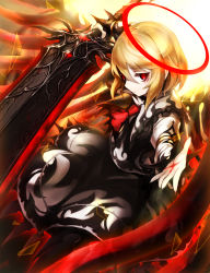 Rule 34 | 1girl, ascot, black skirt, black vest, blonde hair, blouse, closed mouth, commentary request, ex-rumia, hair between eyes, halo, highres, holding, holding sword, holding weapon, long sleeves, looking at viewer, necktie, red eyes, red neckwear, rumia, shirt, short hair, skirt, solo, spark621, sword, touhou, vest, weapon, white shirt, wings