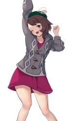 Rule 34 | 1girl, ;d, arm up, blush, bob cut, brown eyes, brown hair, buttons, cable knit, cardigan, clenched hand, commentary request, creatures (company), dress, game freak, gloria (pokemon), green hat, grey cardigan, hand up, hat, highres, hooded cardigan, knees, nintendo, one eye closed, open mouth, pink dress, pokemon, pokemon swsh, short hair, smile, solo, tam o&#039; shanter, teeth, tongue, upper teeth only, yamamori kinako