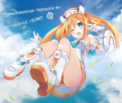 Rule 34 | 10s, 1girl, ;d, asskiler, blue eyes, boots, character name, cloud, copyright name, day, english text, female focus, full body, gradient background, long hair, neptune (series), one eye closed, open mouth, orange hair, orange heart (neptunia), panties, pantyshot, shin jigen game neptune vii, sky, smile, solo, symbol-shaped pupils, tennouboshi uzume, text focus, thighs, twintails, underwear