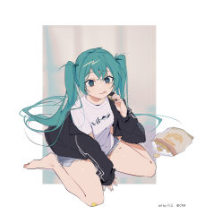 Rule 34 | 1girl, :q, aqua eyes, aqua hair, bag of chips, bandaid, bandaid on knee, bandaid on leg, barefoot, between legs, black jacket, chips (food), clothes writing, commentary, crumbs, eating, food, food on clothes, food on face, from above, hand between legs, hassan (sink916), hatsune miku, highres, holding, holding food, jacket, light smile, long hair, looking at viewer, open clothes, open jacket, potato chips, shirt, short shorts, short sleeves, shorts, sitting, solo, t-shirt, tongue, tongue out, twintails, very long hair, vocaloid, wariza, white shirt