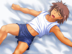 Rule 34 | 1boy, bed sheet, brown hair, male focus, navel, open mouth, sleeping, solo, thisarmor