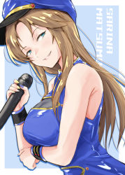 Rule 34 | 1girl, blue background, blue headwear, blue nails, blue napoleon, breasts, brown hair, character name, green eyes, highres, holding, holding microphone, idolmaster, idolmaster cinderella girls, large breasts, long hair, looking at viewer, matsumoto sarina, microphone, nail polish, sidelocks, smile, solo, unu (unucence), upper body, wristband