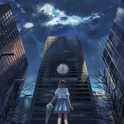 Rule 34 | 1girl, album cover, bare tree, blurry, brown hair, building, chaken, city, clock, cloud, cloudy sky, cover, from behind, from below, highres, holding, lamppost, light rays, original, rain, scenery, school uniform, sky, solo, sun, tree, umbrella, vocaloid, water drop
