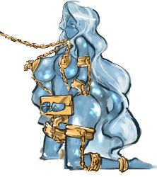 Rule 34 | 1girl, anklet, armlet, ass, bdsm, blue skin, blush, bondage, bound, bracelet, breasts, chain, cleavage, closed eyes, collar, colored skin, faucet, highres, huge breasts, jewelry, kneeling, long hair, lots of jewelry, monster girl, nameo (judgemasterkou), open mouth, original, phallic symbol, simple background, slave, slime girl, solo, stocks, thick thighs, thighs, very long hair, white background, wince