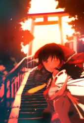 Rule 34 | 1girl, bad id, bad pixiv id, black hair, detached sleeves, female focus, foreshortening, hakurei reimu, holding hands, japanese clothes, lips, miko, one eye closed, red eyes, sarashi, smile, solo, solo focus, stairs, sunset, torii, touhou, wink, yoshimune (b12f)