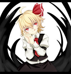 Rule 34 | 1girl, :q, blonde hair, dark, hair ribbon, head tilt, necktie, pcs shousa, red eyes, red necktie, ribbon, rumia, solo, tilted head, tongue, tongue out, touhou