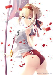 Rule 34 | 1girl, ahoge, ass, banner, blonde hair, buruma, clothes writing, confetti, fate (series), green eyes, gym uniform, hair intakes, headband, long hair, looking at viewer, looking back, mimelex, nero claudius (fate), nero claudius (fate) (all), nero claudius (fate/extra), nero claudius (olympian bloomers) (fate), official alternate costume, red buruma, see-through silhouette, smile, v, watermark, web address