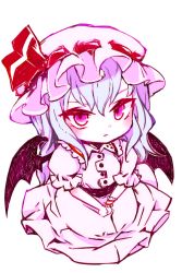 Rule 34 | 1girl, bat wings, blue hair, chamaruk, chibi, dress, female focus, frown, hat, red eyes, remilia scarlet, short hair, simple background, sitting, solo, touhou, white background, wings
