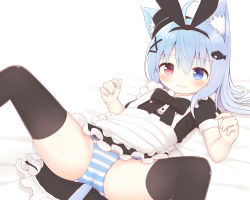 Rule 34 | 1girl, animal ear fluff, animal ears, apron, ass, ayanepuna, bed sheet, black dress, black hairband, black ribbon, blue eyes, blue hair, blush, cat ears, cat girl, cat tail, closed mouth, commentary, commission, dress, english commentary, feet out of frame, fish hair ornament, frilled apron, frilled dress, frills, hair between eyes, hair ornament, hair ribbon, hairband, hairclip, heterochromia, original, panties, puffy short sleeves, puffy sleeves, red eyes, ribbon, short sleeves, solo, spread legs, striped clothes, striped panties, tail, underwear, wavy mouth, white apron, white background, x hair ornament