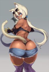 Rule 34 | 1girl, akinaie, animal ears, ass, back, bare shoulders, blue eyes, breasts, cat ears, cat girl, cat tail, covered erect nipples, curvy, dark-skinned female, dark skin, eyewear on head, female focus, grin, highres, kaiten muten-maru, large breasts, looking at viewer, looking back, shamu meruruusa, short shorts, shorts, silver hair, smile, solo, sunglasses, tail, thong, underboob, whale tail (clothing), wide hips