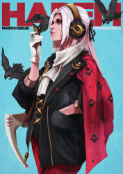 Rule 34 | 1girl, absurdres, adapted costume, alternate weapon, axe, bird, blue eyes, cape, cellphone, commentary, contemporary, crow, edelgard von hresvelg, english commentary, eyelashes, eyeshadow, fire emblem, fire emblem: three houses, garreg mach monastery uniform, hair ribbon, hand in pocket, headphones, highres, lips, long hair, makeup, monori rogue, nintendo, nose, phone, pink hair, puffy sleeves, red cape, ribbon, scarf, sleeves pushed up, smartphone, solo, weapon, white scarf, wireless