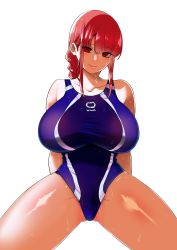 Rule 34 | 1girl, absurdres, alternate breast size, arms behind back, braid, braided ponytail, breasts, chainsaw man, competition swimsuit, highres, huge breasts, long hair, looking at viewer, makima (chainsaw man), one-piece swimsuit, perepere-kun, red hair, smile, solo, swimsuit, thighs, wet, white background