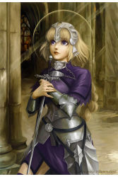 Rule 34 | 1girl, andrea tamme, armor, armored dress, blonde hair, braid, closed mouth, commentary, cowboy shot, english commentary, fate/apocrypha, fate (series), faulds, fine art parody, halo, headpiece, holding, holding sword, holding weapon, jeanne d&#039;arc (fate), jeanne d&#039;arc (ruler) (fate), long hair, looking up, parody, plackart, purple eyes, single braid, solo, standing, sword, tumblr username, vambraces, watermark, weapon, web address