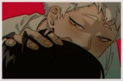 Rule 34 | 1boy, black hair, blush, covered mouth, fingernails, grey eyes, grey hair, half-closed eyes, hand in another&#039;s hair, hand on another&#039;s head, hand up, hashtag only commentary, hikaru (hikaru ga shinda natsu), hikaru ga shinda natsu, iria arts, looking at another, looking to the side, male focus, out of frame, portrait, red background, red pupils, school uniform, shirt, short hair, solo focus, tsujinaka yoshiki, white shirt, yaoi