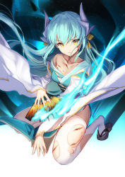Rule 34 | 1girl, aqua hair, aqua kimono, bare shoulders, bison cangshu, black footwear, blood, blood on face, breasts, closed mouth, collarbone, commentary request, dragon horns, fate/grand order, fate (series), floating hair, frown, hair ribbon, hand fan, head tilt, highres, holding, holding fan, horns, injury, japanese clothes, kimono, kiyohime (fate), kneeling, long hair, long sleeves, looking at viewer, magic, medium breasts, obi, off shoulder, pelvic curtain, ribbon, sandals, sash, shadow, sidelocks, solo, thighhighs, torn clothes, torn thighhighs, v-shaped eyebrows, very long hair, white thighhighs, wide sleeves, yellow eyes, yellow ribbon, zouri