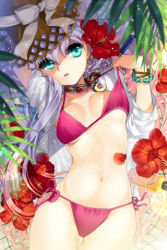 Rule 34 | 1girl, bare legs, bikini, bikini top lift, blonde hair, blue eyes, bottle, bow, bracelet, breasts, cherrypin, clothes lift, flower, gradient hair, hair flower, hair ornament, hat, hibiscus, holding, jewelry, leaf, lifting own clothes, long hair, looking at viewer, lowres, lying, moon, multicolored hair, navel, necklace, on back, open mouth, original, petals, pink hair, purple hair, ribbon, side-tie bikini bottom, solo, strap pull, swimsuit, sword girls, thigh gap